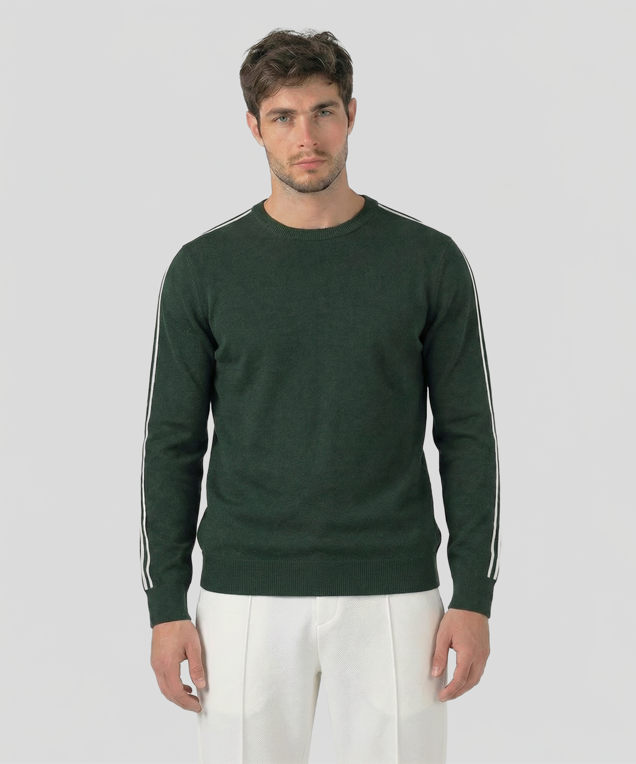 Wool Cotton Sweater w. Lines: Court Green