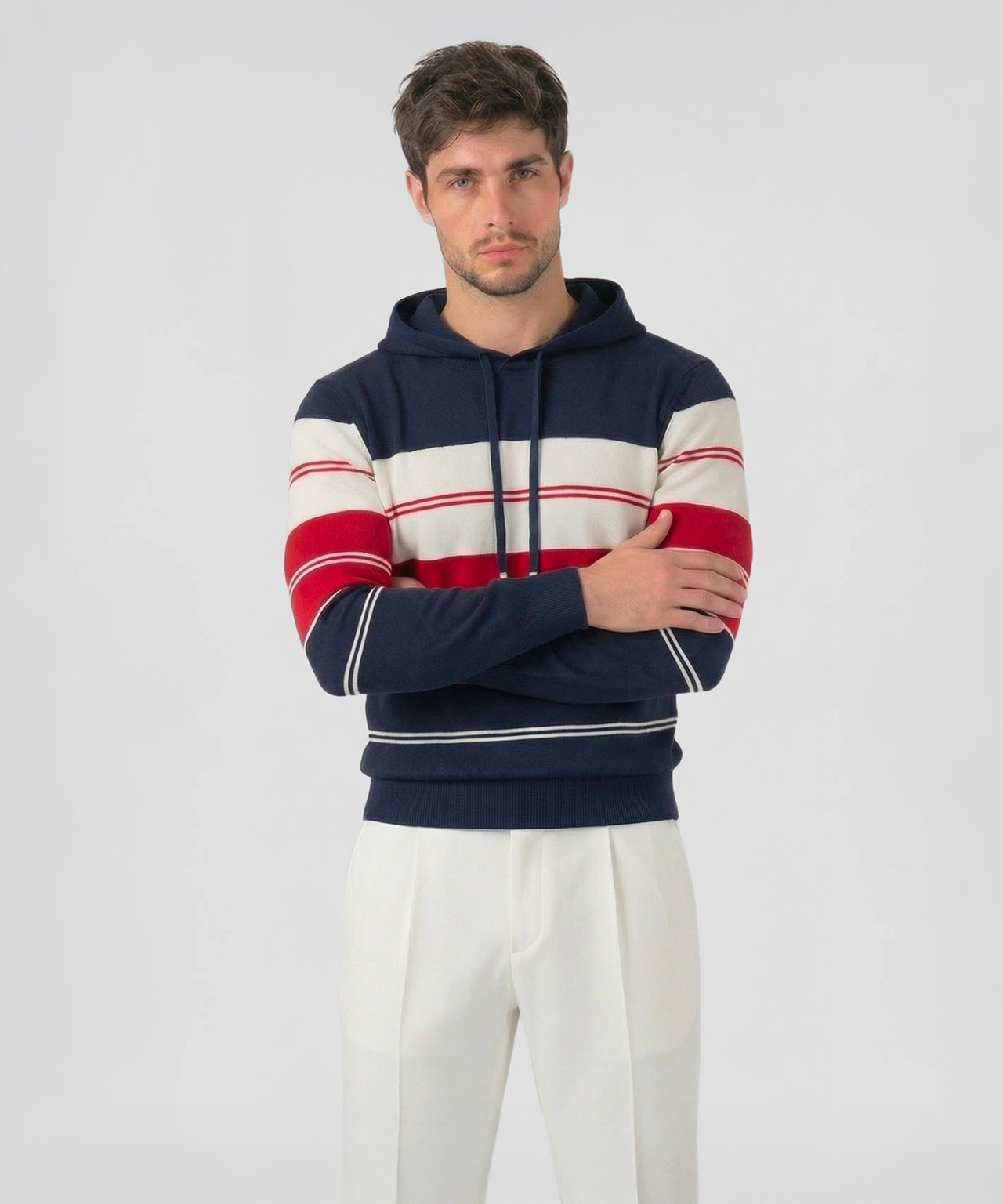 Baumwoll-Kapuzenpullover m. Streifen: Marine