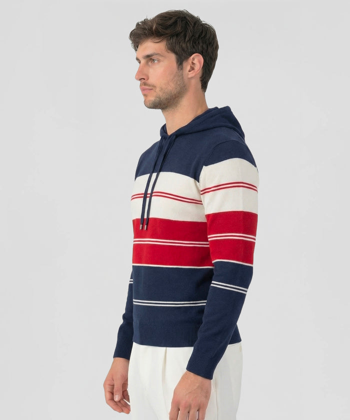 Baumwoll-Kapuzenpullover m. Streifen: Marine