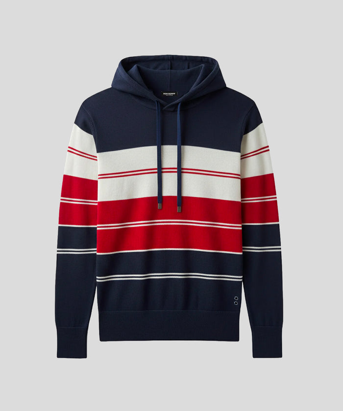 Baumwoll-Kapuzenpullover m. Streifen: Marine
