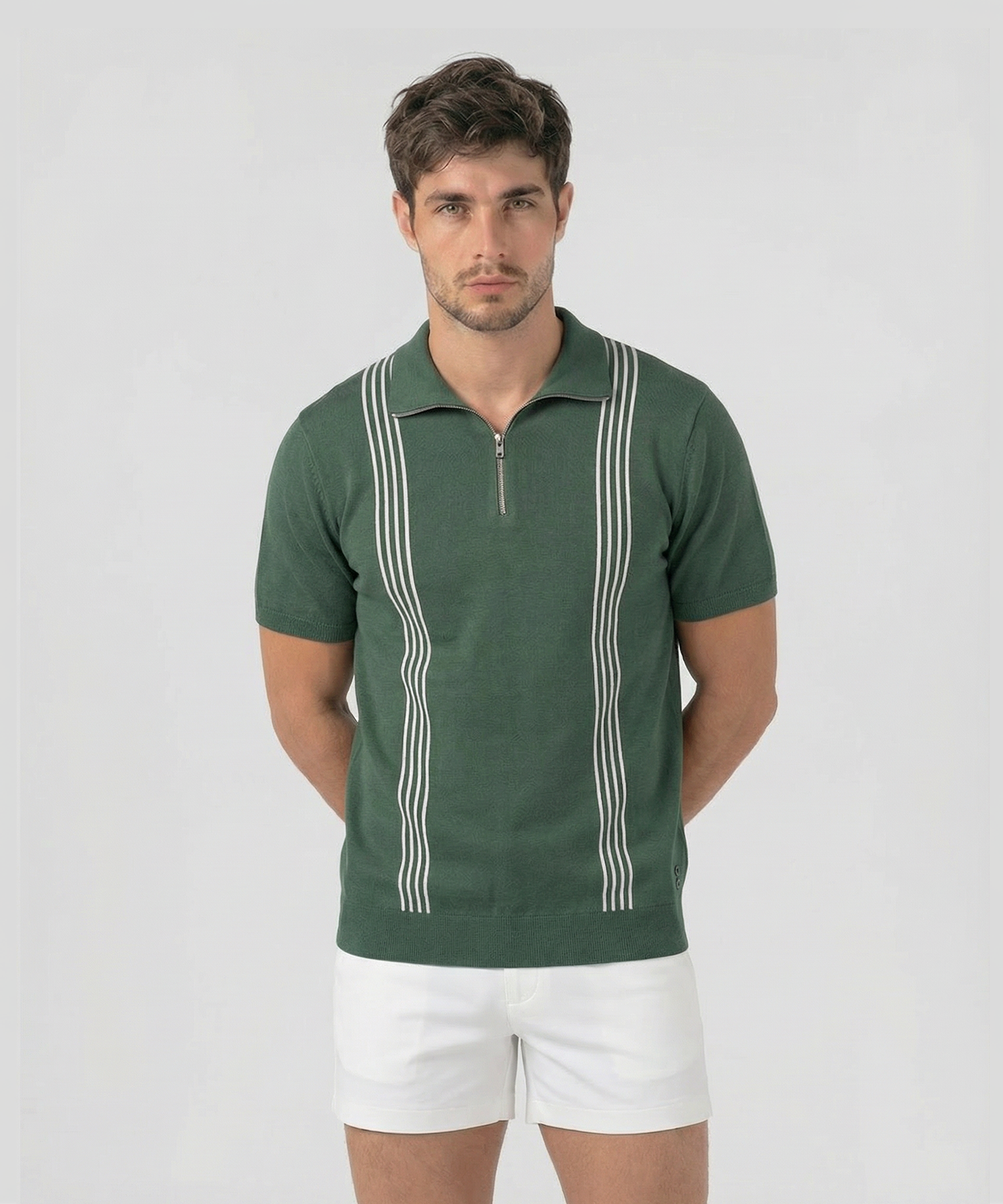 Baumwolle-Seide Polo mit Reißverschluss und Streifen: Court Green