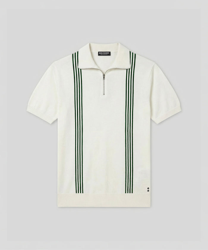 Cotton-Silk Zip Collar Polo w. Stripes: Off White