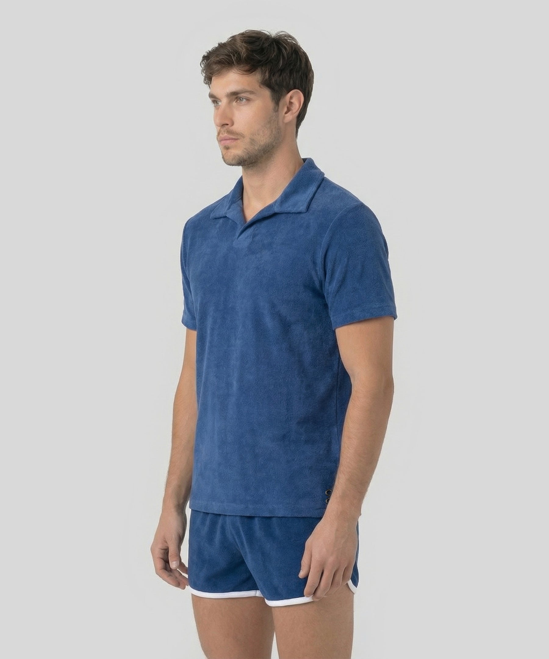Cotton Terry V Neck Polo: Bleu