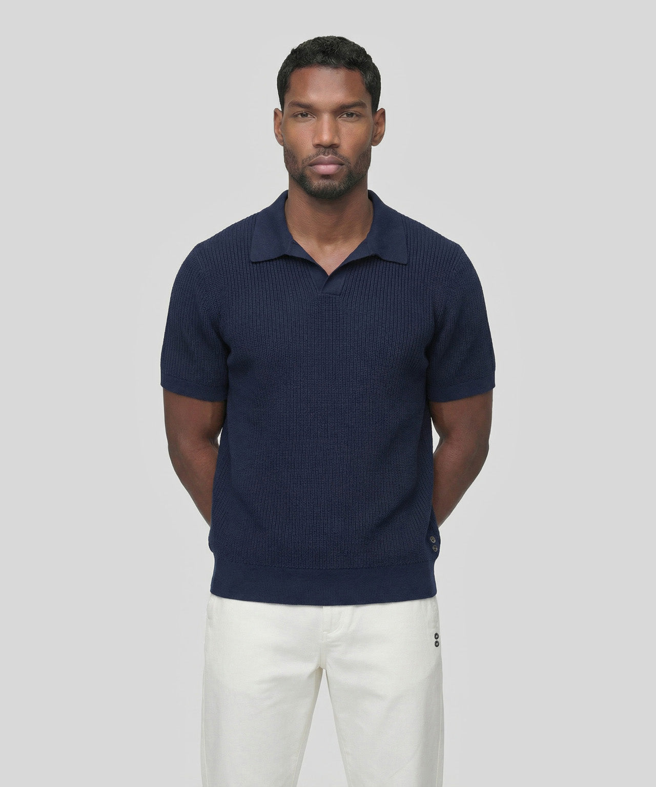Knitted V Neck Polo: Navy