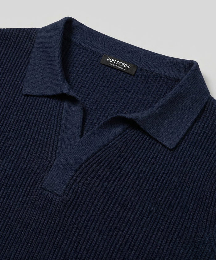 Knitted V Neck Polo: Navy