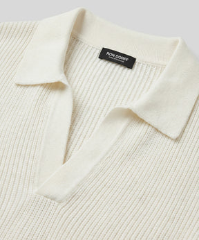 Knitted V Neck Polo: Off White