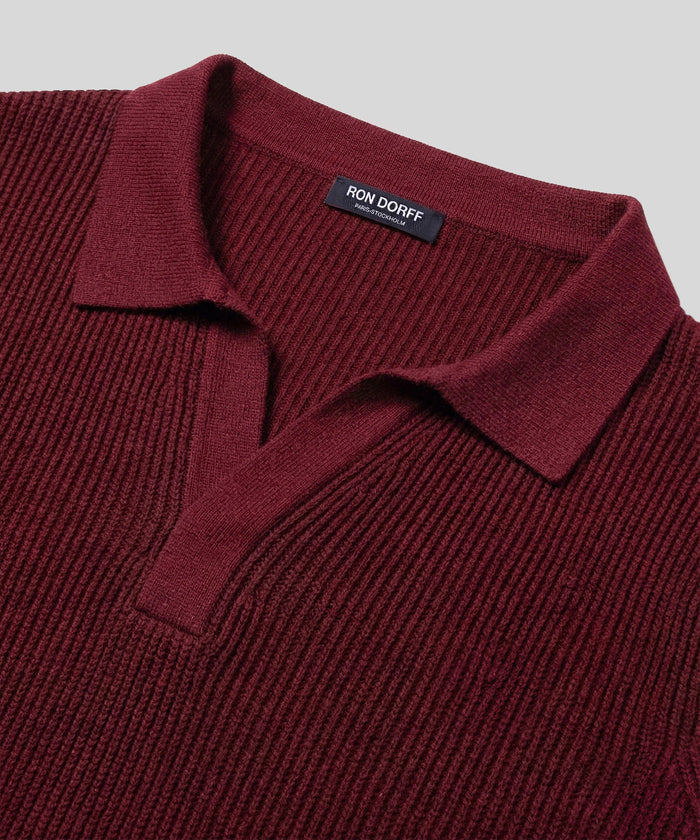 Knitted V Neck Polo: Red