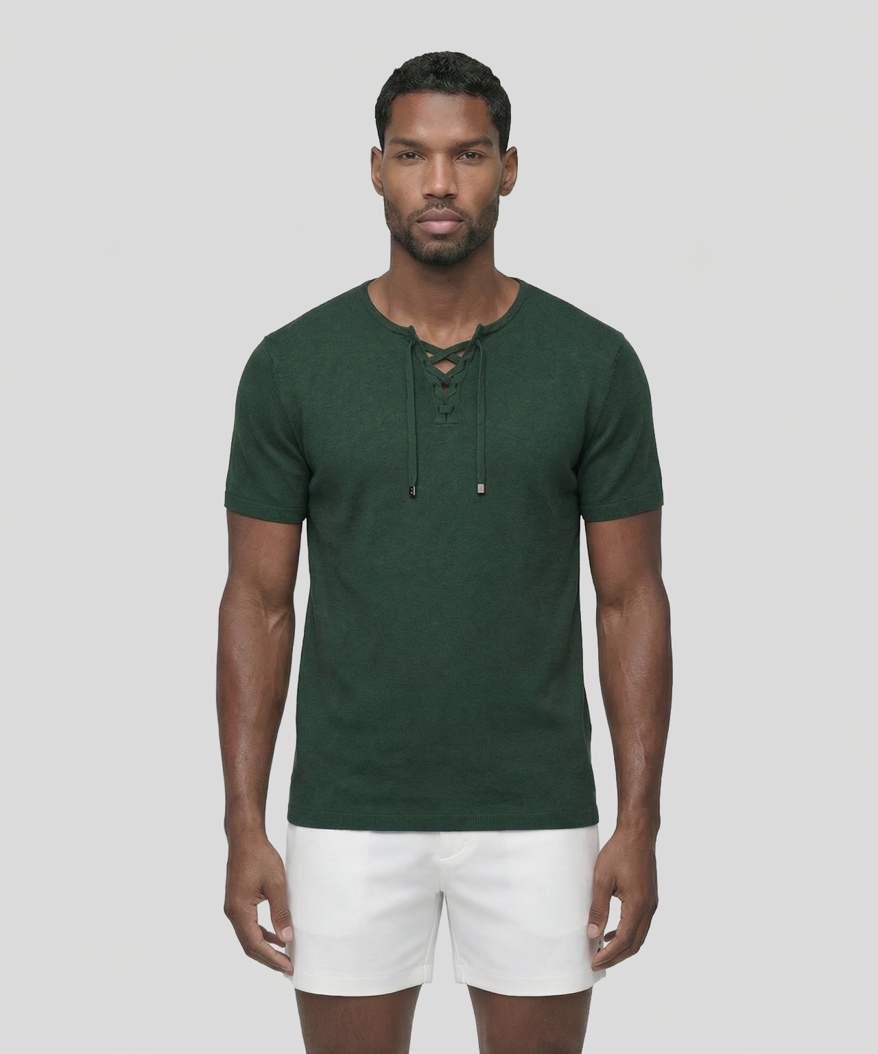 T-shirt col V en maille fine à lacets: Vert court