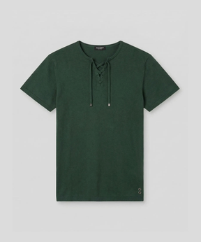 T-shirt col V en maille fine à lacets: Vert court
