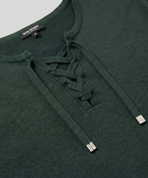 T-shirt col V en maille fine à lacets: Vert court
