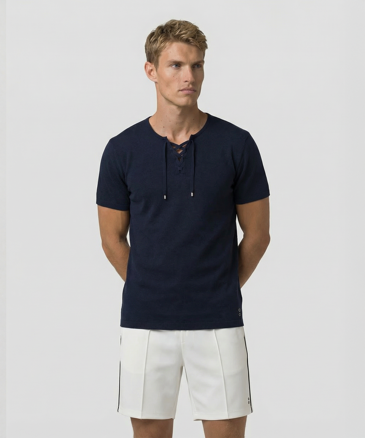 Strick-T-Shirt m. Kordelzügen: Marineblau