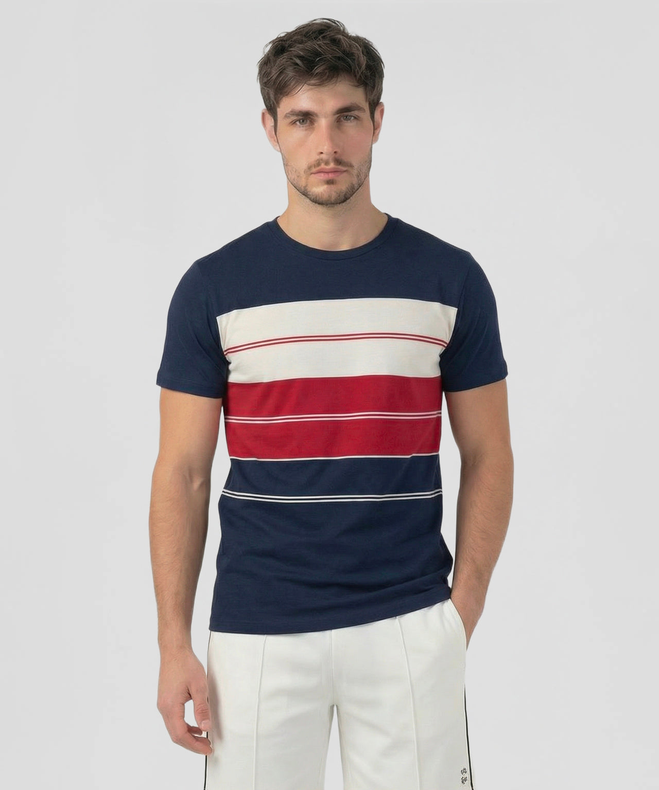 T-shirt en coton bio à rayures: Bleu marine