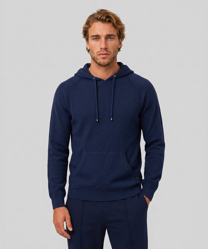 Cotton-Cashmere Piqué Hoodie Sweater: Marineblau