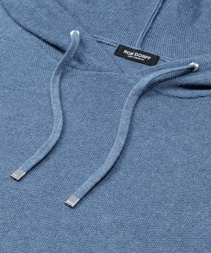 Sweat à capuche en coton-cachemire piqué: Bleu chiné
