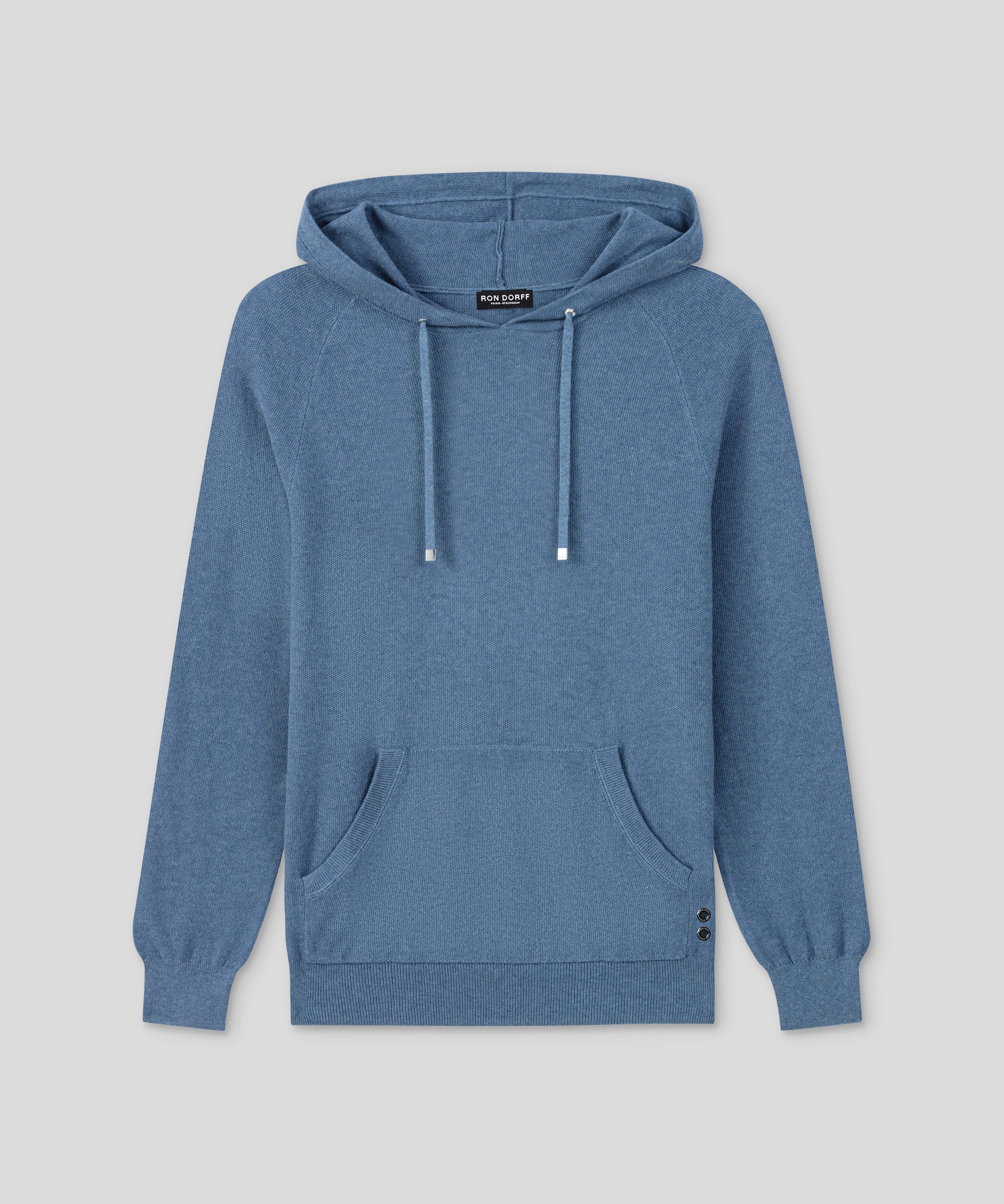 Sweat à capuche en coton-cachemire piqué: Bleu chiné