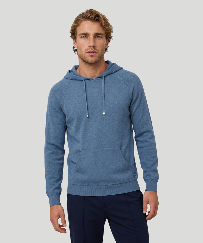 Sweat à capuche en coton-cachemire piqué: Bleu chiné