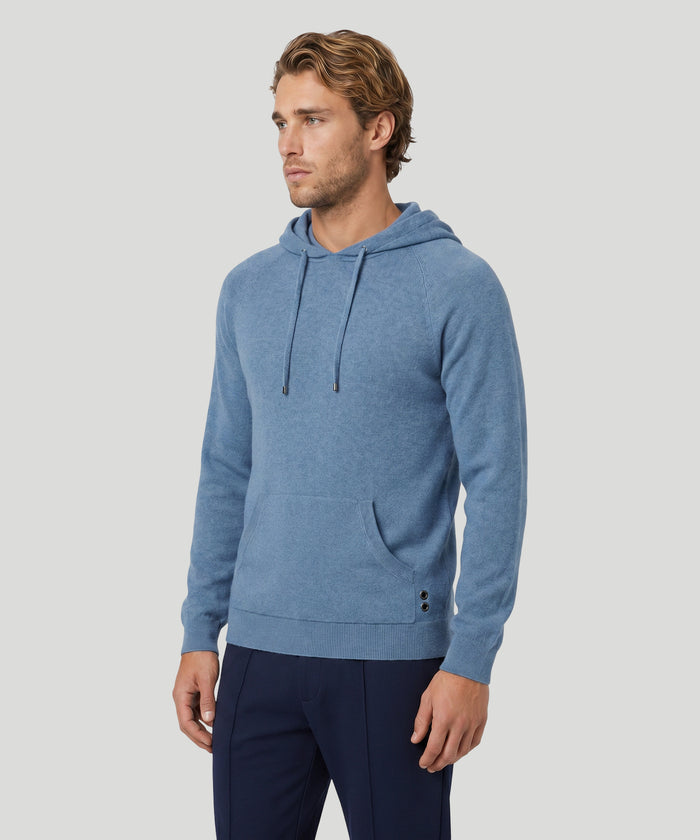 Sweat à capuche en coton-cachemire piqué: Bleu chiné