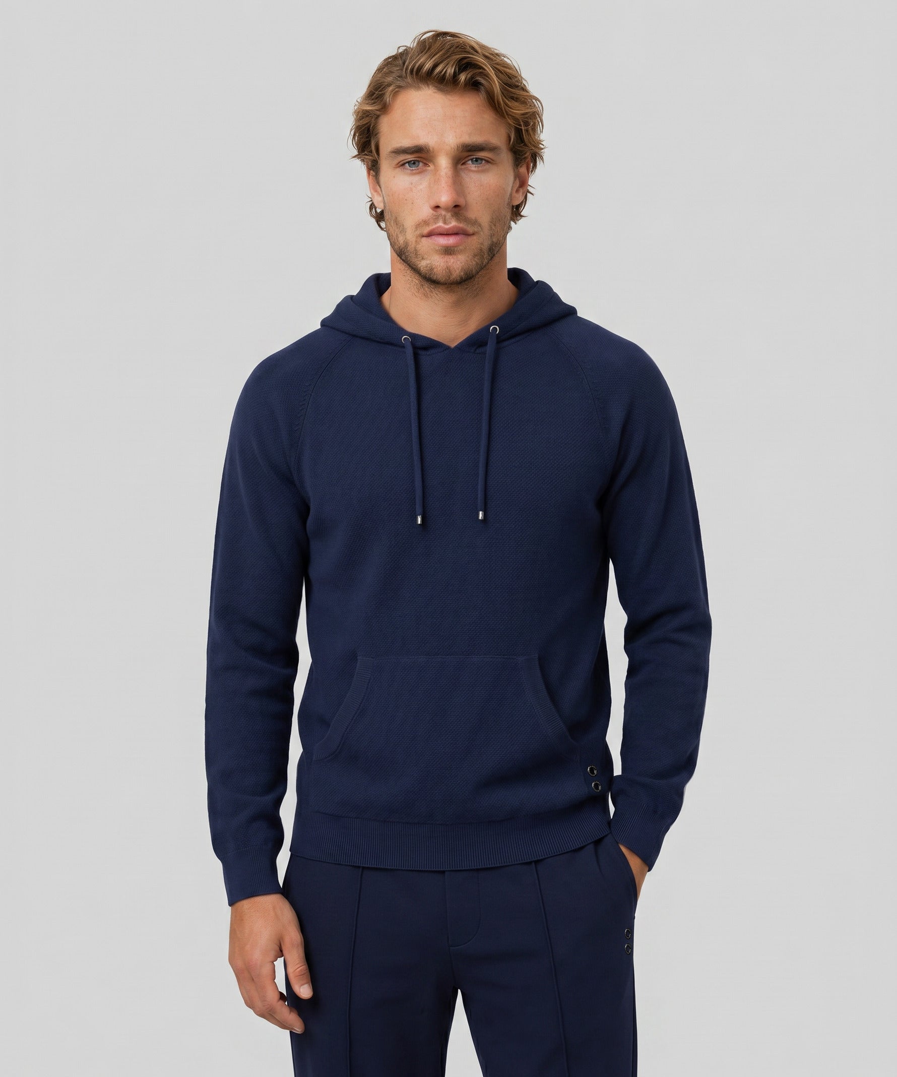 Cotton-Cashmere Piqué Hoodie Sweater: Marineblau