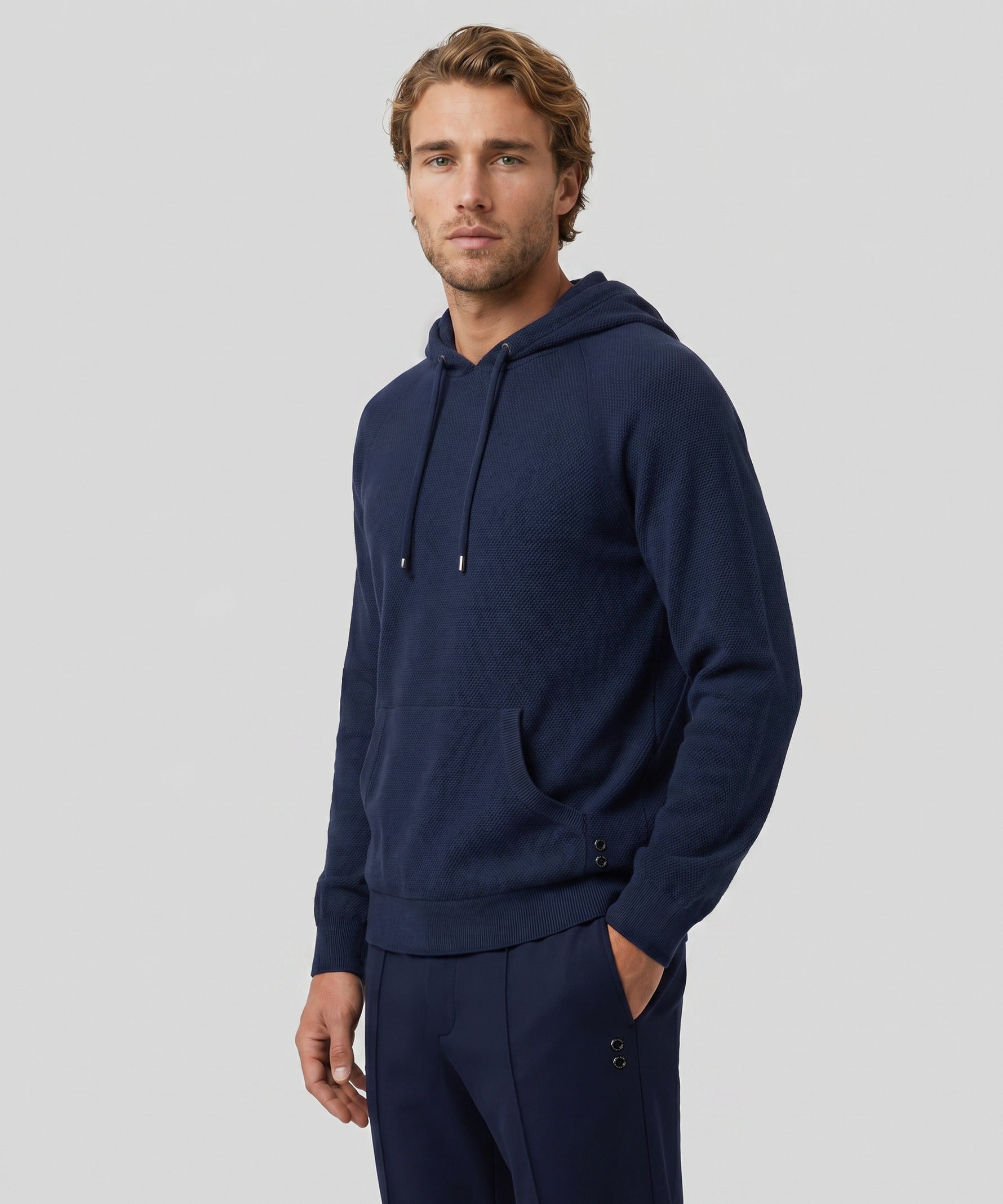 Cotton-Cashmere Piqué Hoodie Sweater: Marineblau