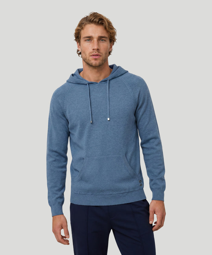 Cotton-Cashmere Piqué Hoodie Sweater: Blue Melange