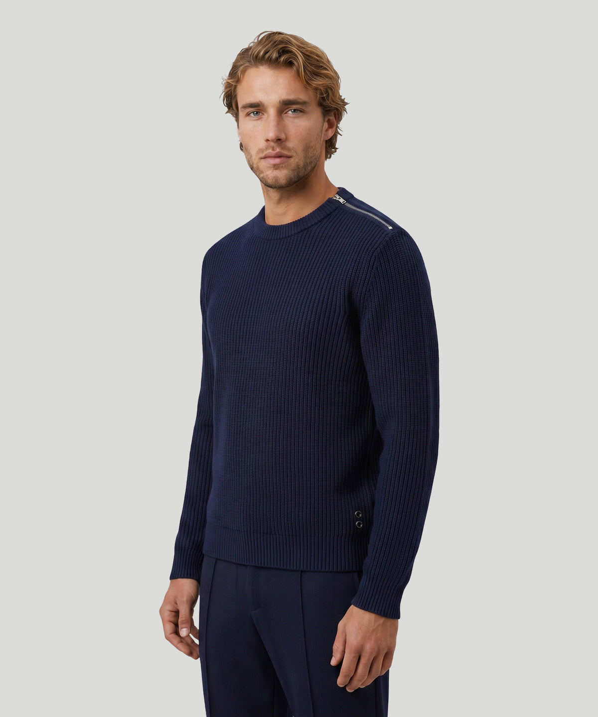 Zipped Ribbed Wool Sweater: Navy