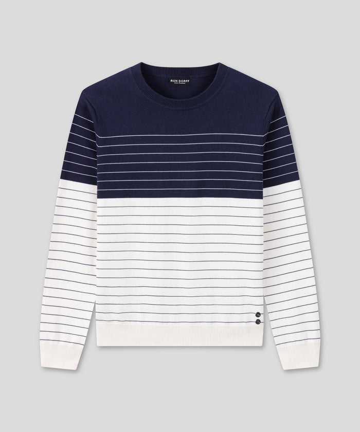 Pull en coton à fines rayures verticales: Bleu marine/blanc