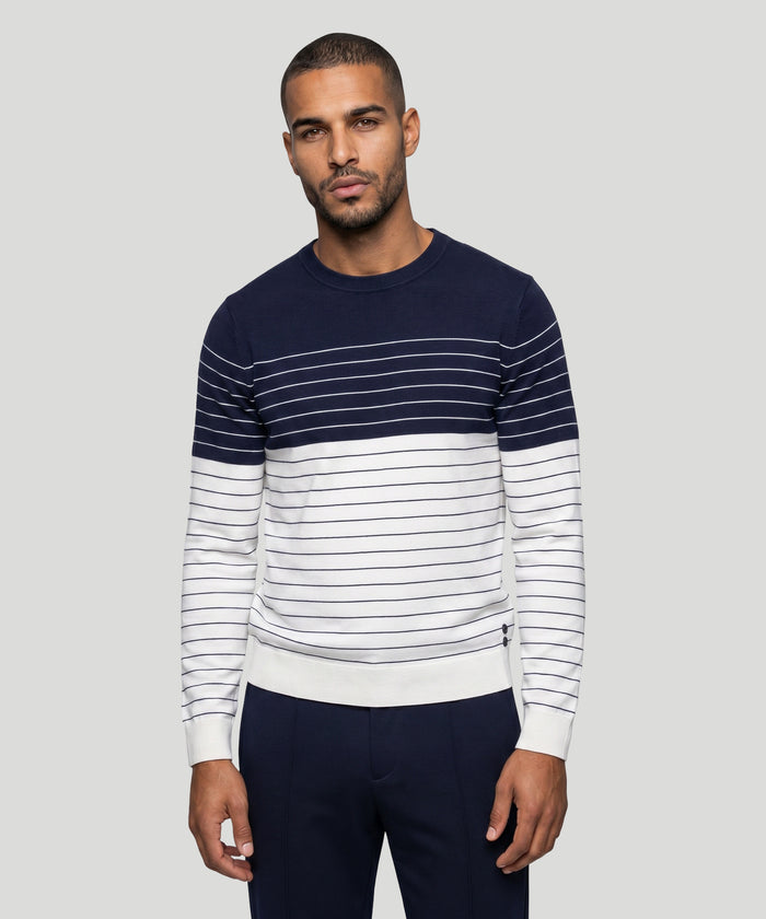 Pull en coton à fines rayures verticales: Bleu marine/blanc