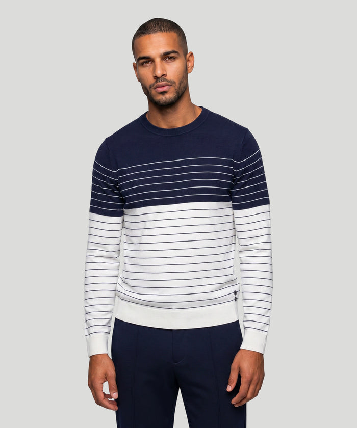 Cotton Sweater w. Pin Stripes: Marineblau/weiß