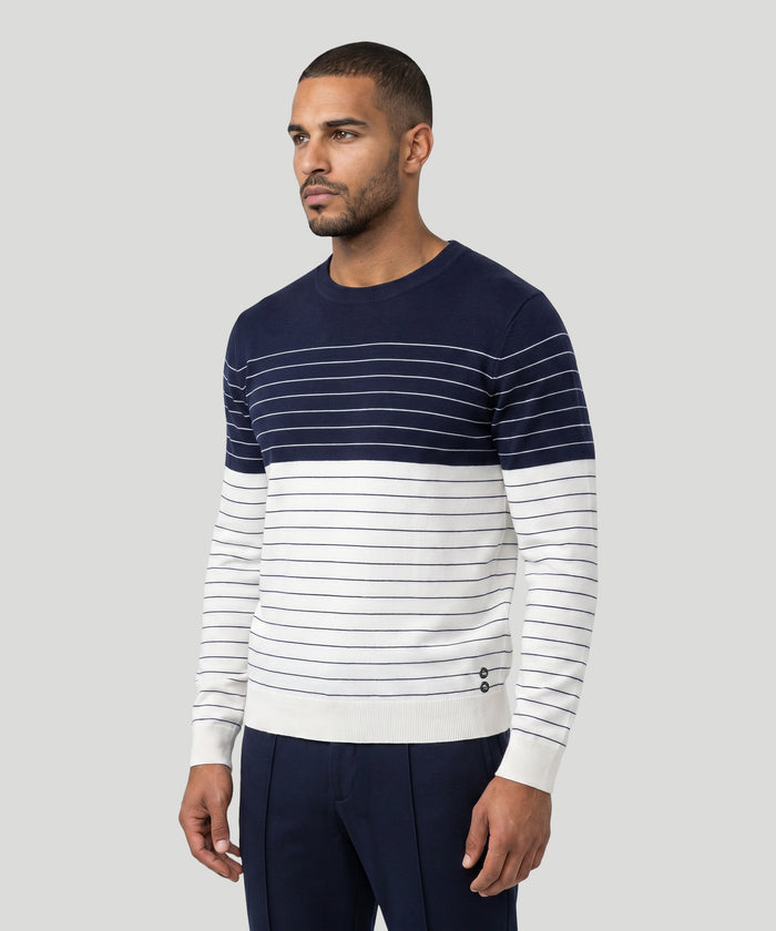 Pull en coton à fines rayures verticales: Bleu marine/blanc