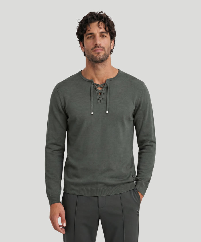 Pull col V à lacets en maille fine de coton: Kaki foncé