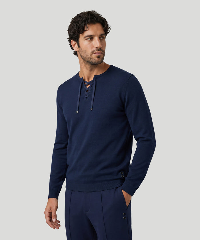 Knitted Cotton Sweater w. Drawstrings: Marineblau