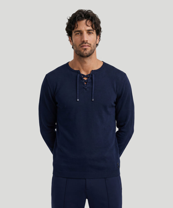 Knitted Cotton Sweater w. Drawstrings: Marineblau