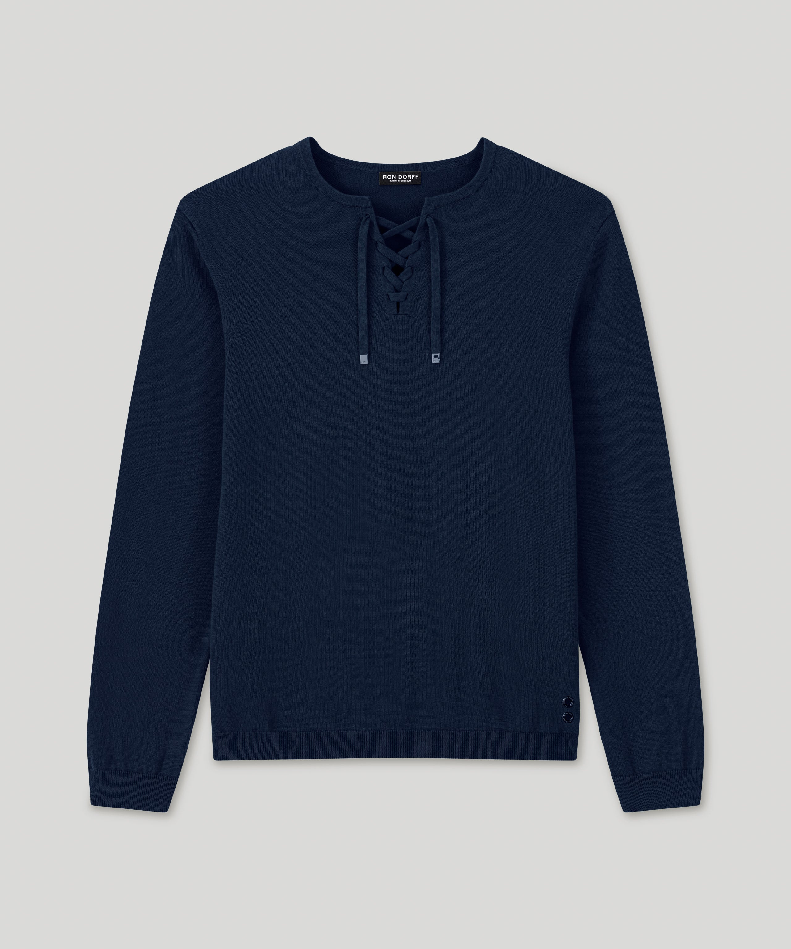 Knitted Cotton Sweater w. Drawstrings: Marineblau