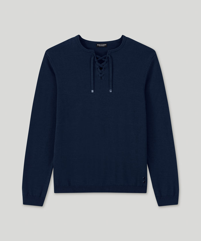 Knitted Cotton Sweater w. Drawstrings: Marineblau