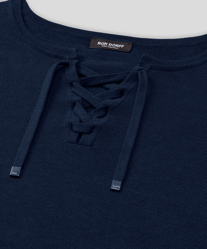 Knitted Cotton Sweater w. Drawstrings: Marineblau