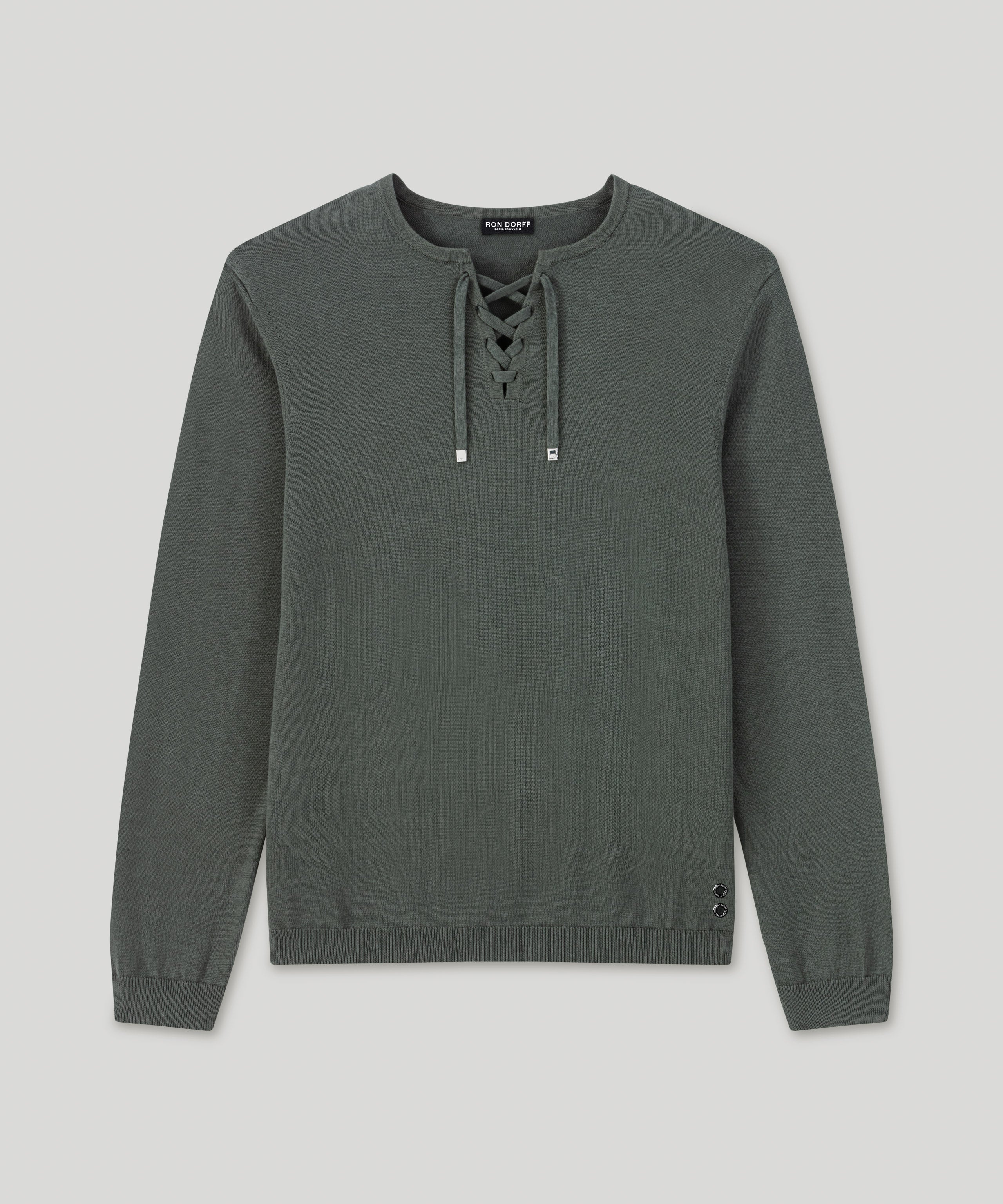 Pull col V à lacets en maille fine de coton: Kaki foncé