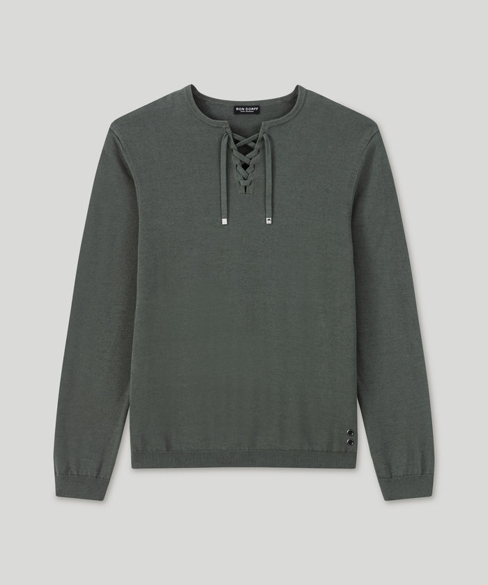 Pull col V à lacets en maille fine de coton: Kaki foncé