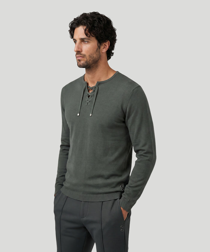 Pull col V à lacets en maille fine de coton: Kaki foncé