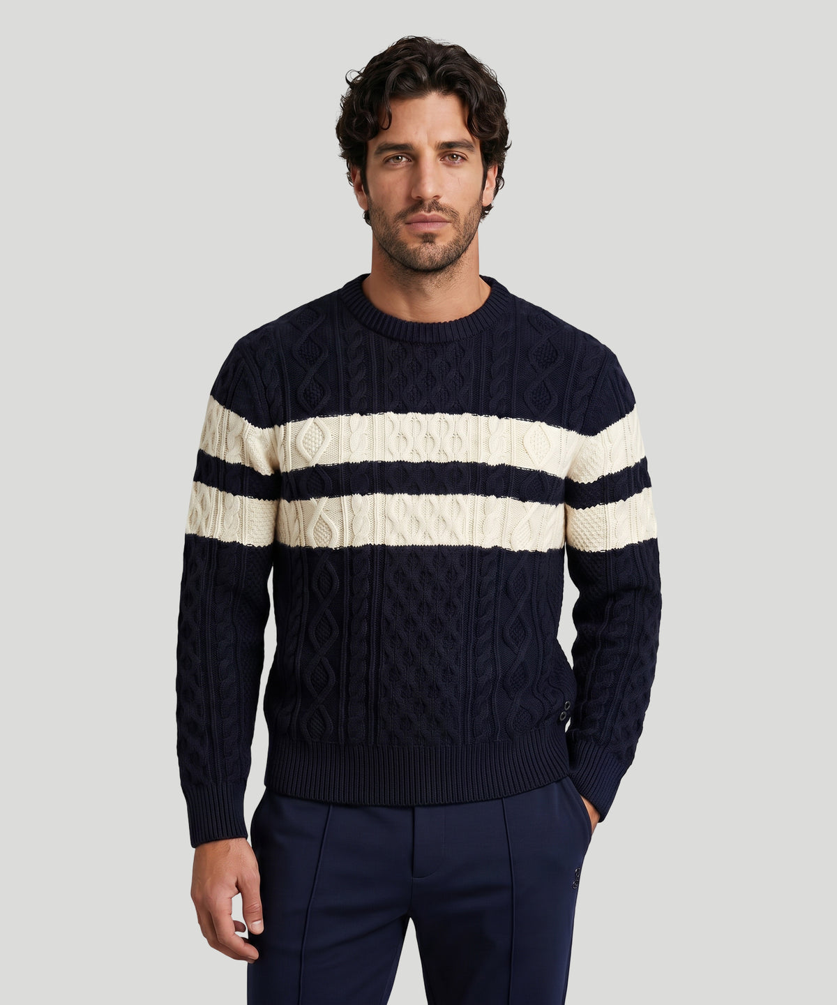 Wool-Cashmere Sweater Telemark w. Stripes: Navy/White