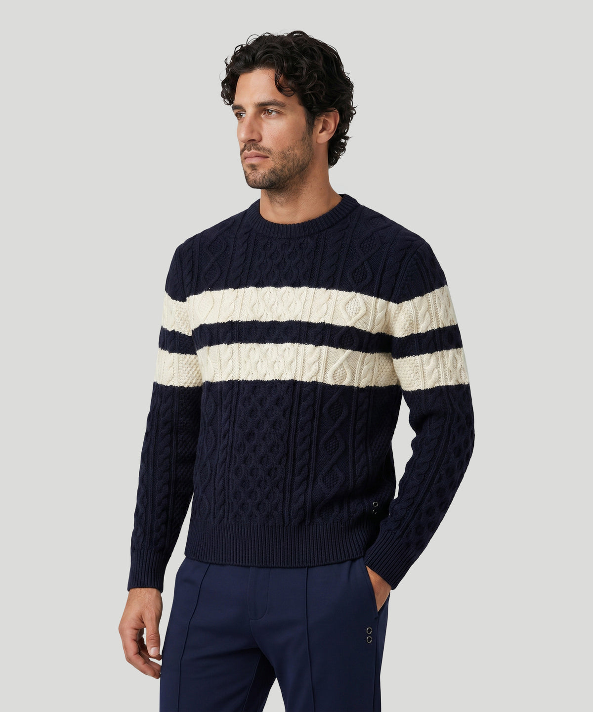 Wool-Cashmere Sweater Telemark w. Stripes: Navy/White