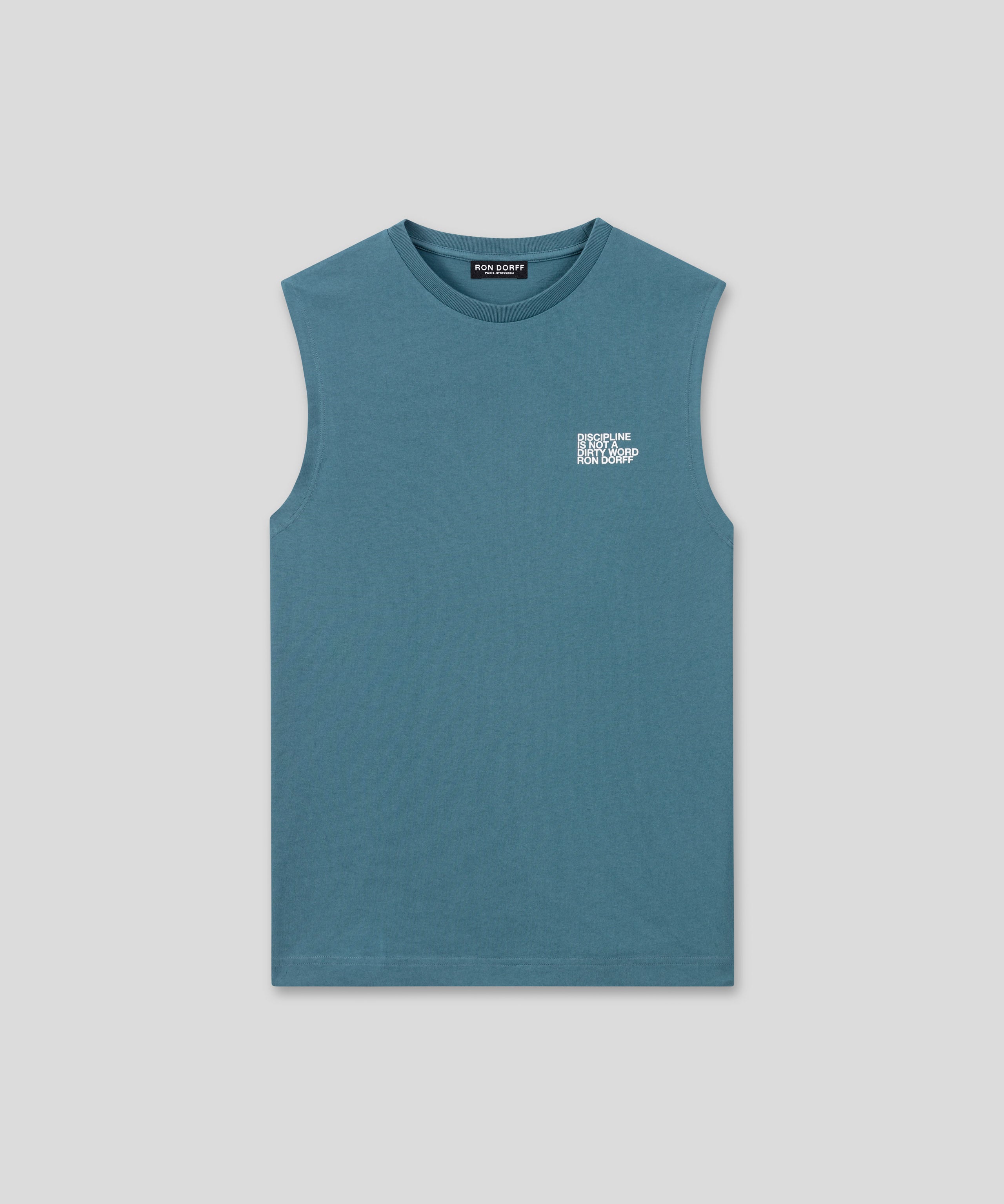 Organic Cotton Sleeveless T-Shirt "DISCIPLINE": Baltic Blau