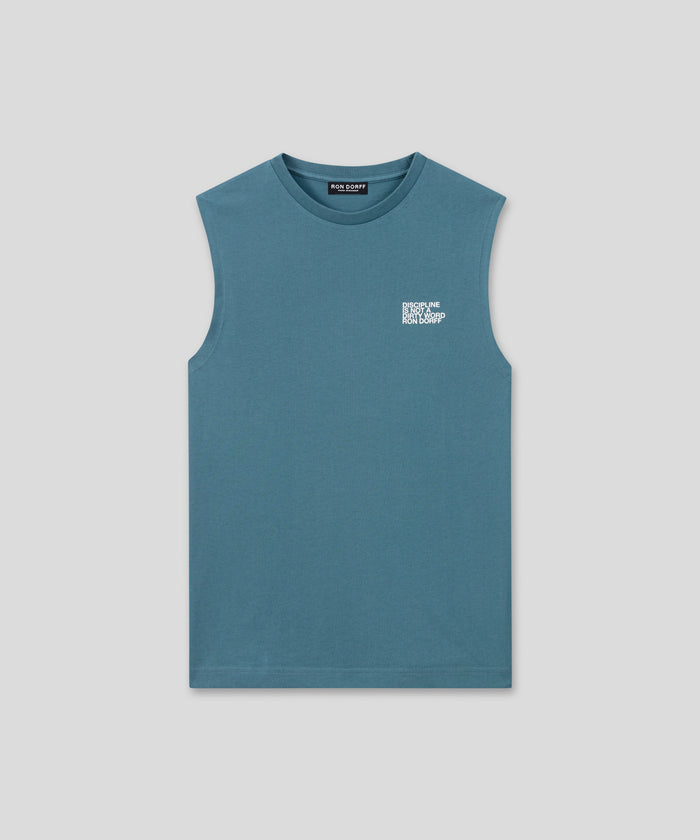 Organic Cotton Sleeveless T-Shirt "DISCIPLINE": Baltic Blau