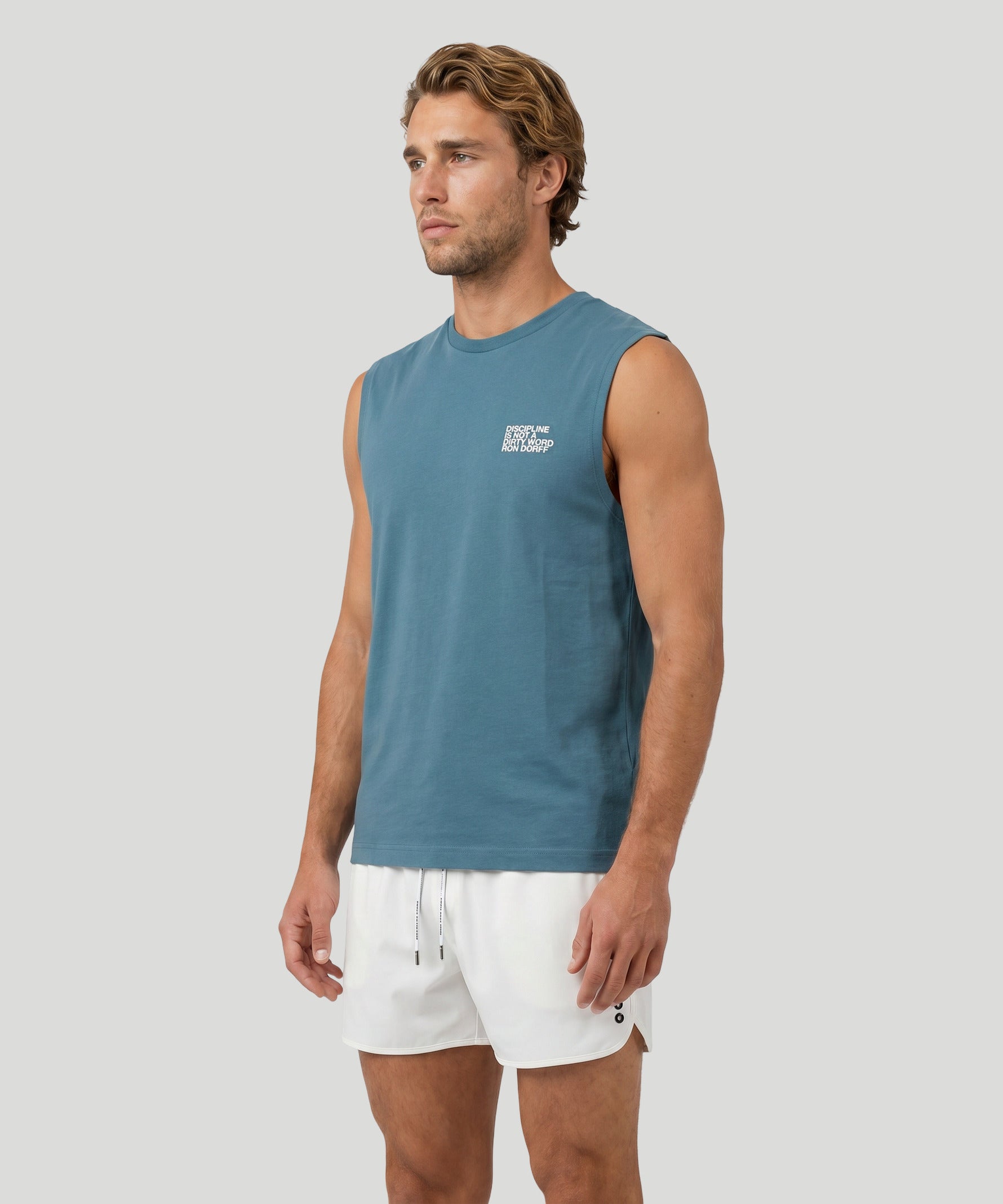 Organic Cotton Sleeveless T-Shirt "DISCIPLINE": Baltic Blau