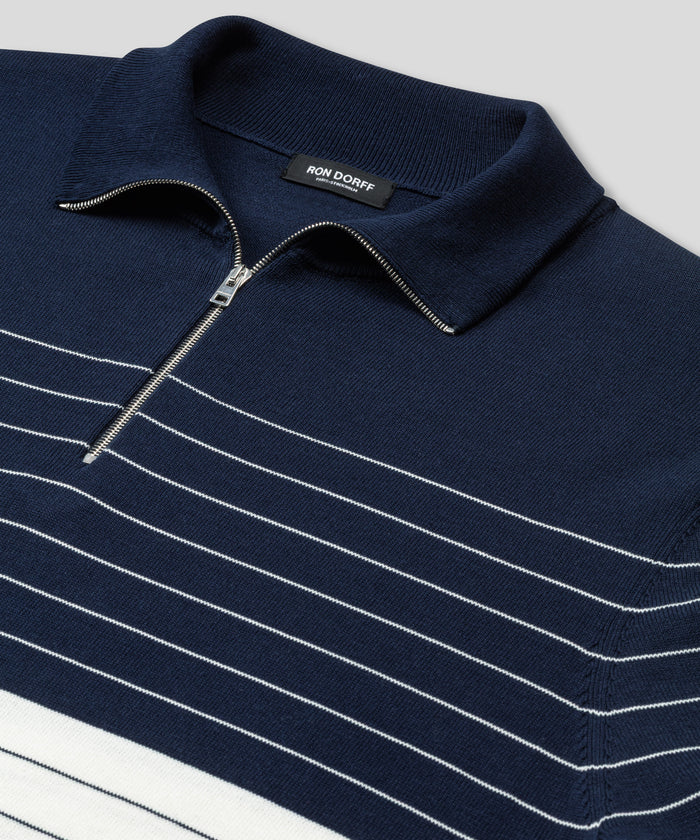 Cotton-Silk RD Polo w. Pin Stripes: Marineblau/Weiß