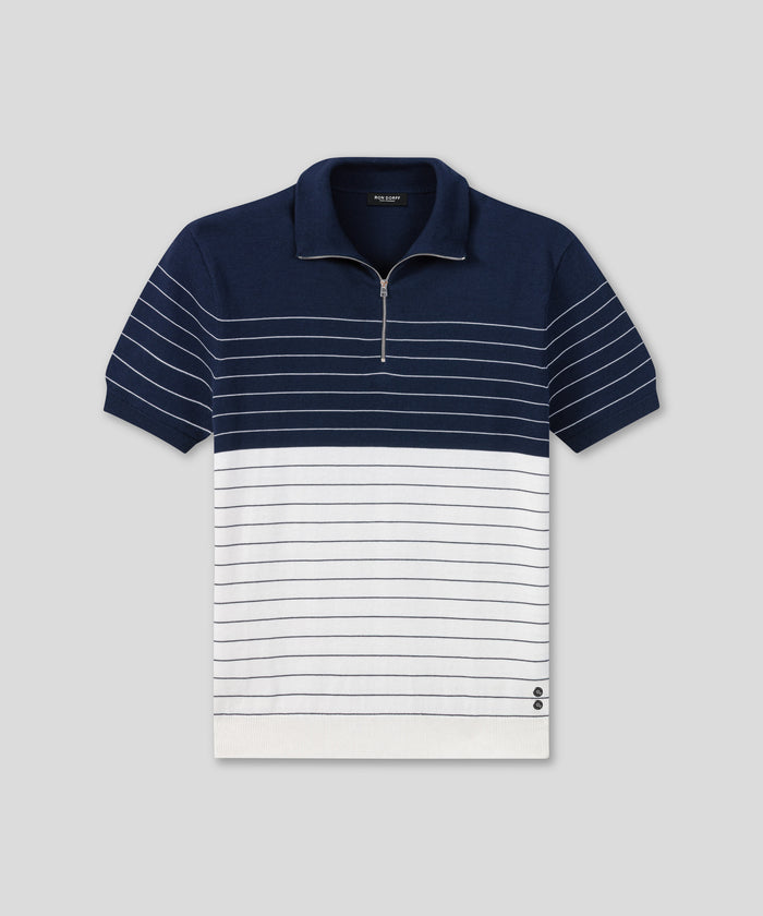 Cotton-Silk RD Polo w. Pin Stripes: Marineblau/Weiß