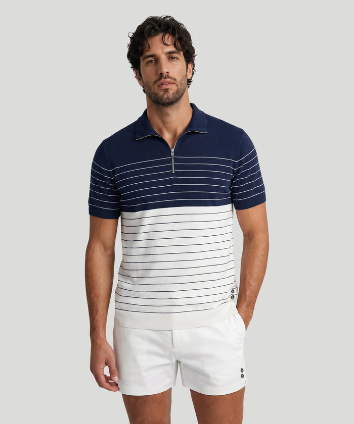 Cotton-Silk RD Polo w. Pin Stripes: Marineblau/Weiß