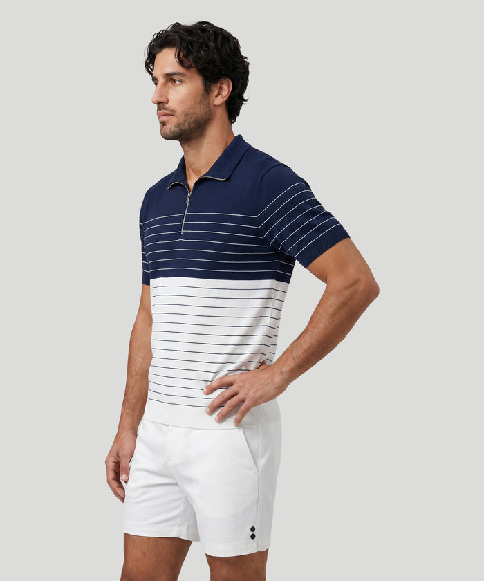 Cotton-Silk RD Polo w. Pin Stripes: Marineblau/Weiß