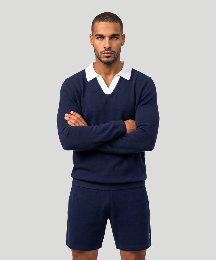 Cotton-Cashmere Piqué RD Polo V Neck Long Sleeved: Marineblau/Weiß