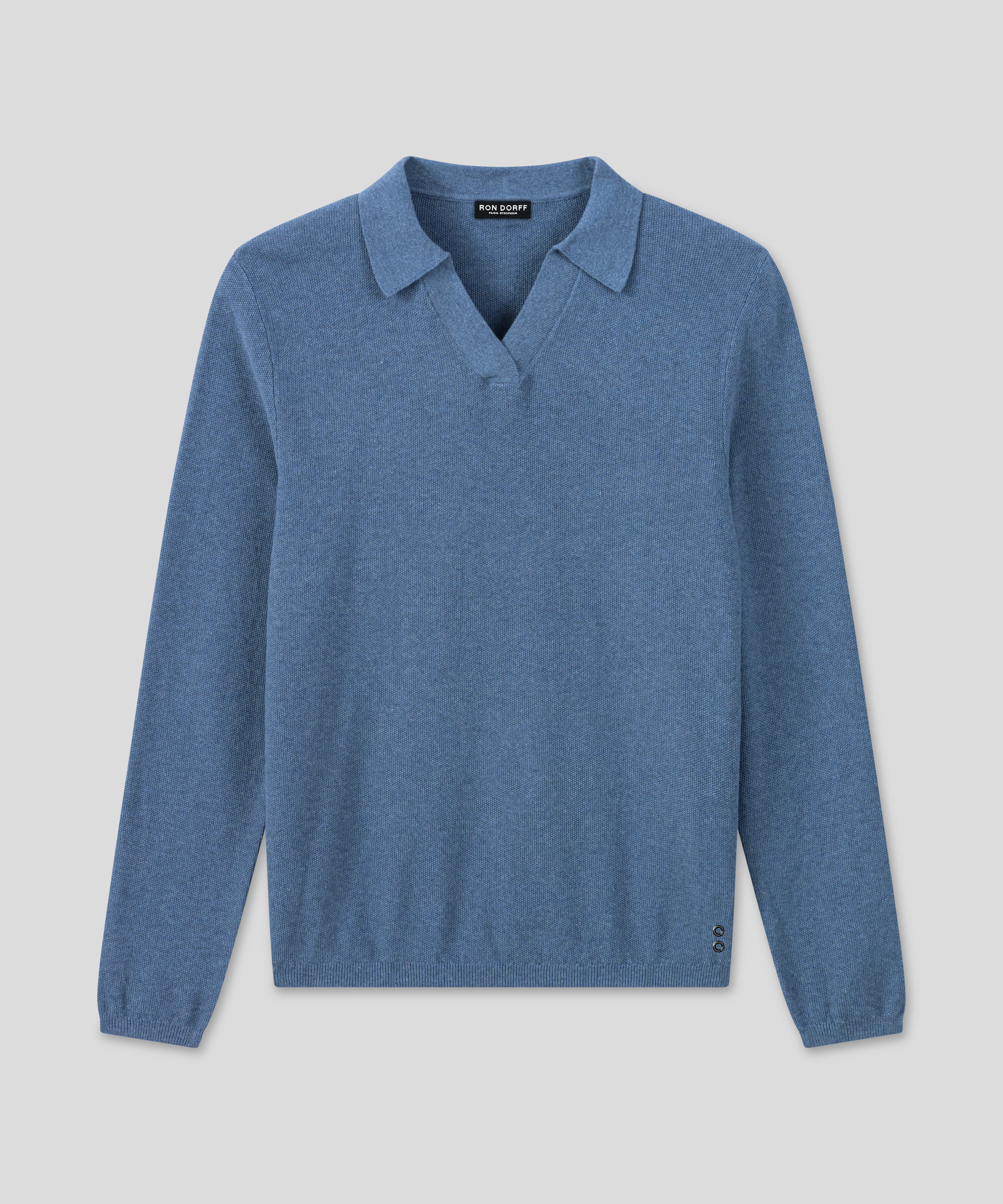 Cotton-Cashmere Piqué RD Polo V Neck Long Sleeved: Blau