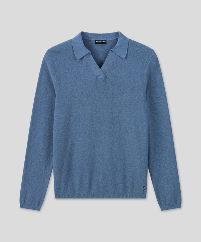 Cotton-Cashmere Piqué RD Polo V Neck Long Sleeved: Blau